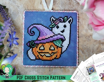 Pastell Halloween Korsstygnsmönster - Pumpa Häxa, Katt Spöke - Kawaii Söt Juldesign - Nybörjarvänlig DIY Ornament