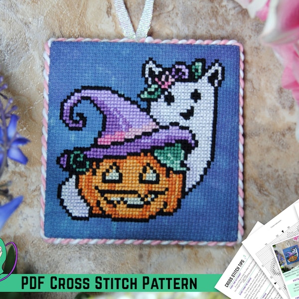 Pastel Halloween Cross Stitch Pattern - Pumpkin Witch, Cat Ghost - Kawaii Cute Holiday Design - Beginner Friendly DIY Ornament