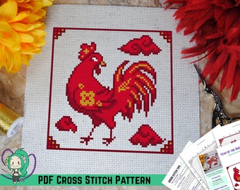 Year of the Rooster Cross Stitch Pattern - Chinese New Year Inspired Design - Lunar Zodiac Animals - Designed w/ DMC Diamant / Light Effects