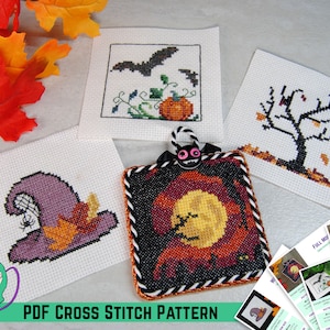 May include: A collection of Halloween-themed cross-stitch patterns. Designs include a bat over a pumpkin, a witch's hat, a tree, and a full moon. The patterns are displayed on white fabric squares, with autumn leaves in the background. Text on the image reads "PDF CROSS STITCH PATTERN."
