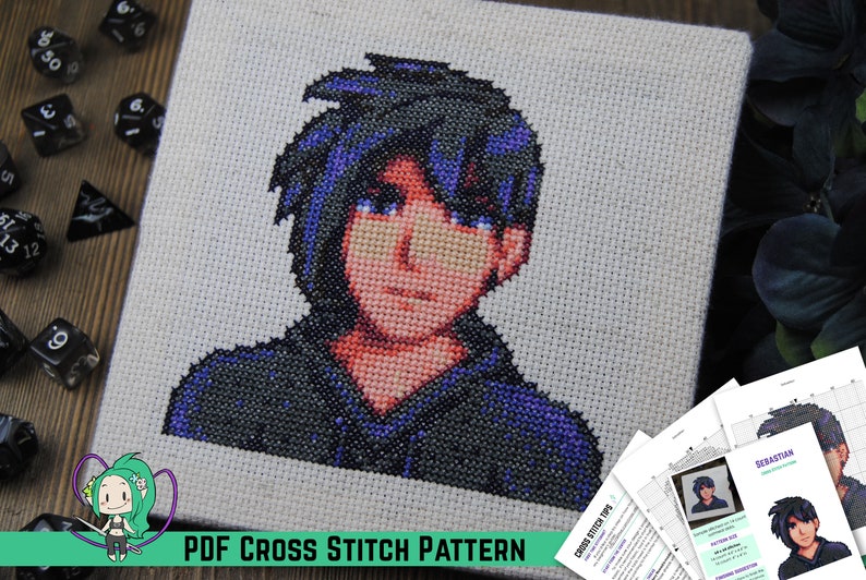 May include: A cross stitch pattern of a pixelated portrait of a person with blue hair and a black shirt. The pattern is on a white canvas and is surrounded by dice.