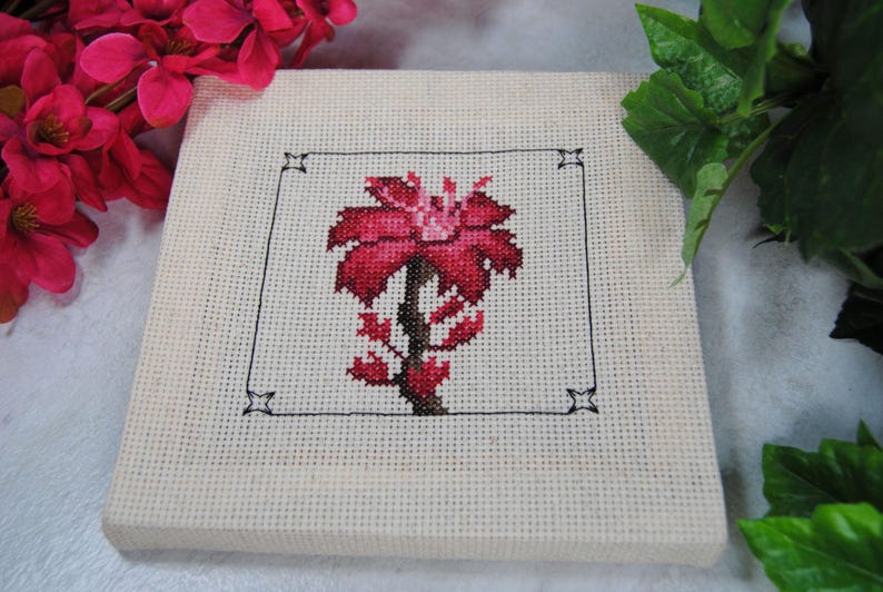 Puede incluir: Un lienzo cuadrado de color crema presenta un dise&ntilde;o de punto de cruz de una flor roja con un tallo y hojas oscuras. La flor est&aacute; enmarcada por un borde negro con detalles de esquina en forma de estrella. El lienzo est&aacute; rodeado de flores rosas y hojas verdes.