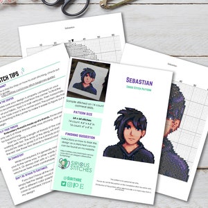 May include: A printable cross stitch pattern for a pixel art portrait of a person named Sebastian. The pattern is 44 stitches wide and 44 stitches tall. The pattern is available for download and includes instructions on how to stitch it.