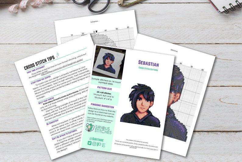 May include: A printable cross stitch pattern for a pixel art portrait of a person named Sebastian. The pattern is 44 stitches wide and 44 stitches tall. The pattern is available for download and includes instructions on how to stitch it.