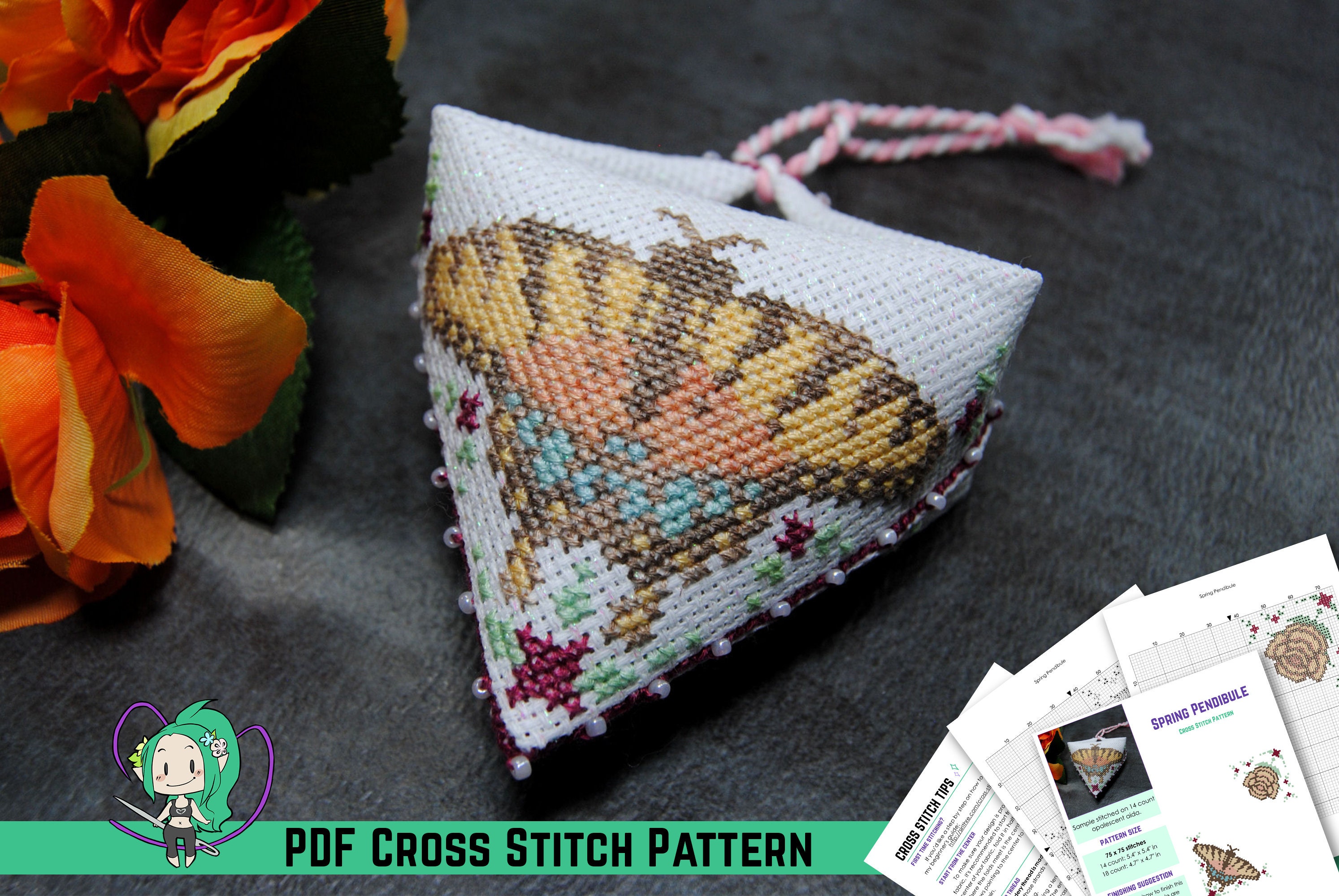Spring Cross Stitch Pattern - Tiger Butterfly & Yellow Rose - Pendibulle Ornament - DIY Pin Cushion / Ornament - Beginner Friendly