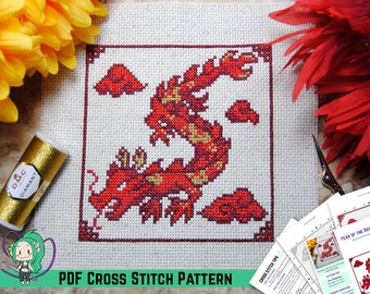 Year of the Dragon Cross Stitch Pattern - Chinese New Year Inspired Design - Lunar Zodiac Animals - Designed w/ DMC Diamant or Light Effects