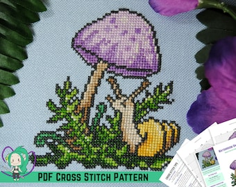 Padrão de ponto cruz de caracol e cogumelo - Guarda-chuva de cogumelo e samambaia com design de caracol - Decoração/presente para casa DIY Cottage Core