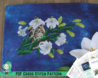 NieR Cross Stitch Pattern - Grimoire Weiss & Lunar Tear / White Moonflower - Video Game Inspired Floral Book Design - DIY Game Room Art