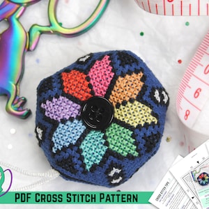 Biscornu Cross Stitch Pattern - Quilt Square Inspired Design - Pastel Rainbow - Handmade Pin Cushion - DIY Sewing Accessories - PDF Chart