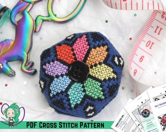 Biscornu Cross Stitch Pattern - Quilt Square Inspired Design - Pastel Rainbow - Handmade Pin Cushion - DIY Sewing Accessories - PDF Chart