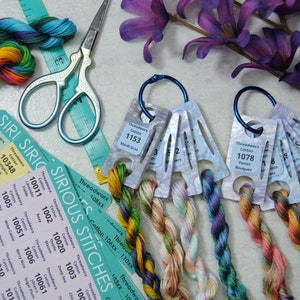 May include: A close-up of embroidery floss spools in various colours, including teal, green, yellow, orange, red, purple, and blue. The floss is arranged in a circular pattern around a set of embroidery floss organisers. The organisers are labelled with the brand name "Threadworx" and the colour numbers. The image also includes a pair of scissors and a ruler.