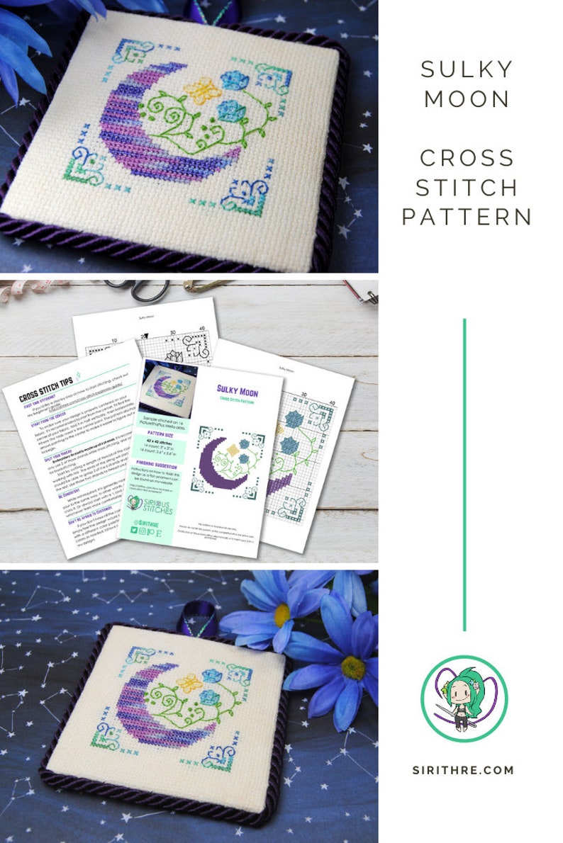May include: Cross stitch pattern featuring a crescent moon design in shades of purple, blue, and green, with floral accents. The finished piece is displayed on a square canvas with a dark purple border. The text "SULKY MOON CROSS STITCH PATTERN" is visible.