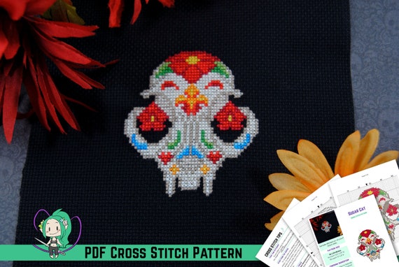 Halloween Cross Stitch Pattern - Anatomical Cat Sugar Skull Design - Dia De Los Muertos / Day of the Dead Inspired - DIY Macabre Wall Art