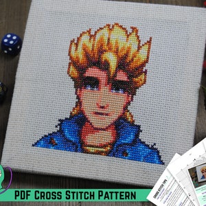 May include: A cross stitch pattern of a pixelated character with blonde hair, wearing a blue denim jacket. The pattern is printed on white paper and includes instructions for stitching.