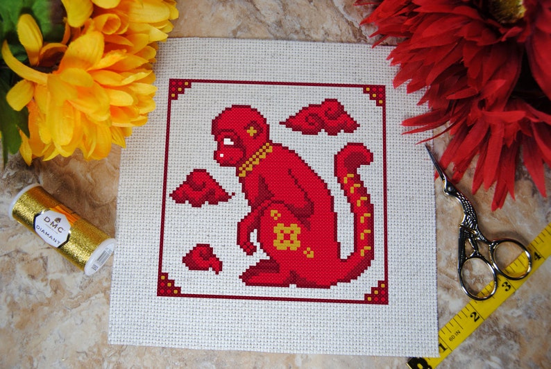 Year of the Monkey Cross Stitch Pattern Chinese New Year Inspired Design Lunar Zodiac Animals Designed w/ DMC Diamant or Light Effects image 2