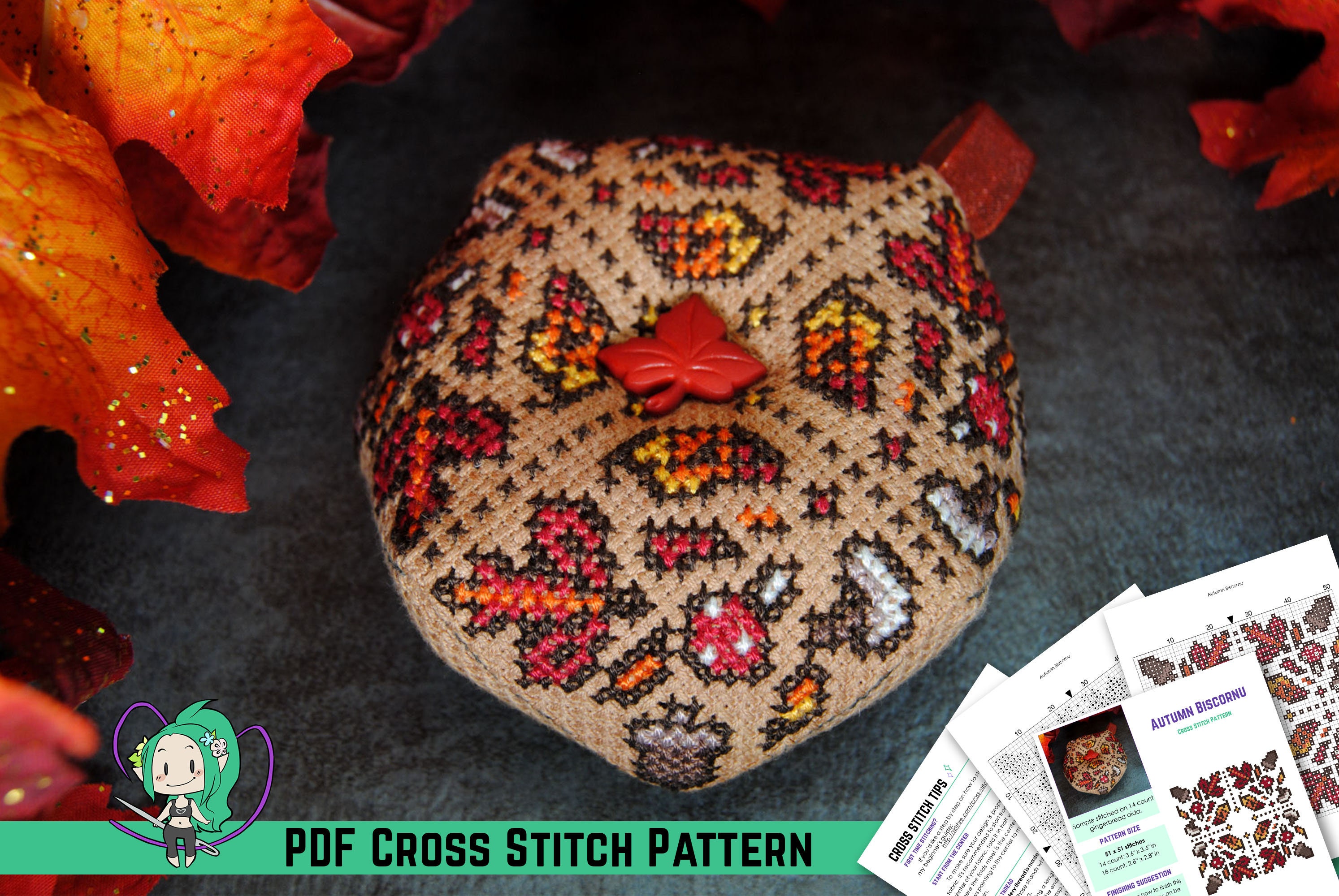 Biscornu Cross Stitch Pattern - Autumn Leaf, Acorn, & Mushroom Pattern - Easy Fall Themed DIY Pin Cushion / Ornament - Beginner Friendly