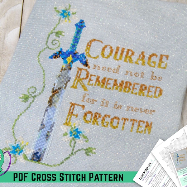 Zelda-kruissteekpatroon - geïnspireerd op Breath of the Wild - quote prinses Zelda - moed hoeft niet te worden onthouden - DIY videogamedecor