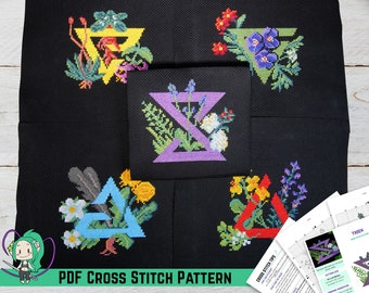 Witcher Cross Stitch Pattern Bundle - Magic Signs Floral Art Design - DIY Handmade Game Room Decor - Magical Symbols Embroidery PDF Chart