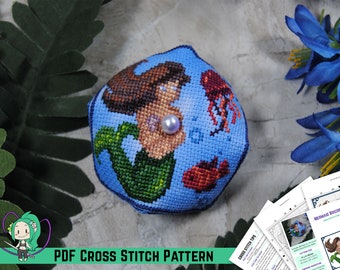 Biscornu Cross Stitch Pattern - Mermaid Pin Cushion - Mermay Pearl Asymmetrical Design - Ocean Jellyfish Fish Decorative Pillow