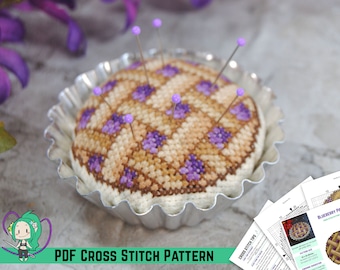 Blueberry Pie Cross Stitch Pattern - Tart Tin Pin Cushion Design - DIY Sewing Accessory - Cute Dessert Food - Forbidden Pastry
