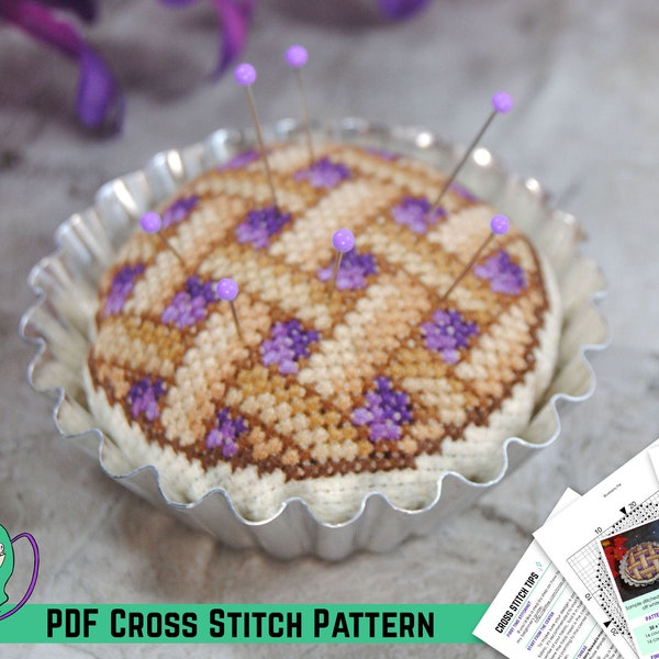 Blueberry Pie Cross Stitch Pattern - Tart Tin Pin Cushion Design - DIY Sewing Accessory - Cute Dessert Food - Forbidden Pastry