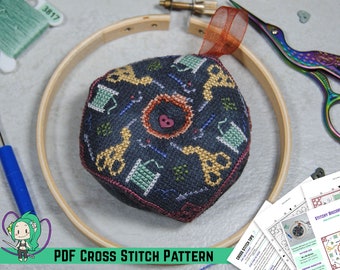 Biscornu Cross Stitch Pattern - Embroidery Tools Pin Cushion - Stork Scissors, Seam Ripper, Threaded Needle, Thread Bobbin, Wooden Hoop.