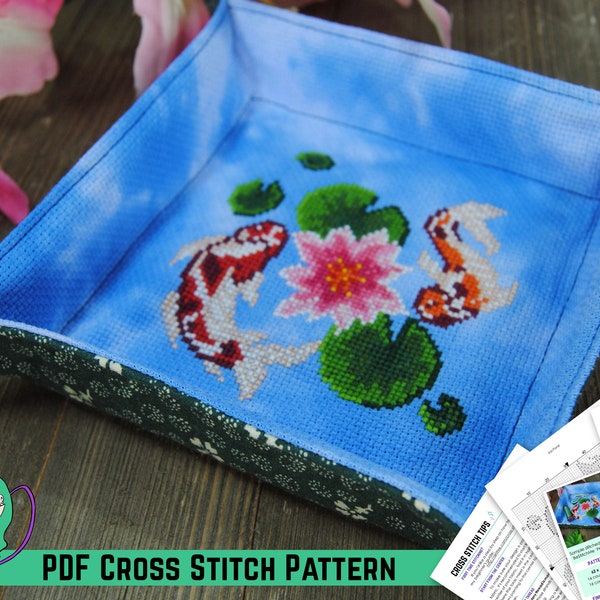 Koi Pond Cross Stitch Pattern - Fish Filled Lily Pool Cross Stitch Design - Lotus Flower & Water Lily Lagoon - Plateau en tissu décoratif bricolage