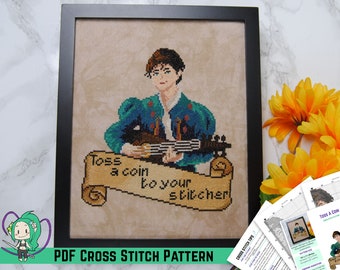 Witcher Cross Stitch Pattern - Jaskier Toss a Coin to your Witcher - Funny Game Room Decoration - Gift for Stitchers - Craft Room Decor