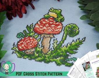 Pilz Frosch Kreuzstichmuster - Pilzschirm und Farn mit Frosch Design - DIY Cottage Core Wohnkultur / Geschenk