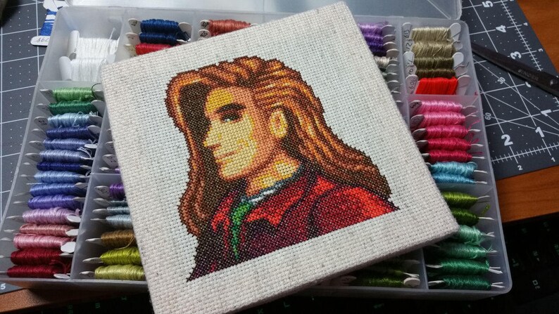 May include: Cross-stitch embroidery of a person with long brown hair, wearing a red and green jacket. The embroidery is framed and displayed on a white background.