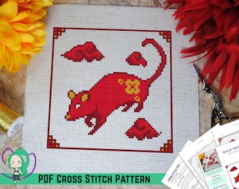 Year of the Rat Cross Stitch Pattern - Chinese New Year Inspired Design - Lunar Zodiac Animals - Designed w/ DMC Diamant or Light Effects