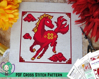 Year of the Horse Cross Stitch Pattern - Chinese New Year Inspired Design - Lunar Zodiac Animals - Designed w/ DMC Diamant or Light Effects