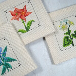 Puede incluir: Cuatro piezas cuadradas de punto de cruz con dise&ntilde;os florales. Una tiene una flor roja, otra una flor azul y una tercera con flores blancas y amarillas. Cada una est&aacute; enmarcada con un borde negro sobre un fondo beige.