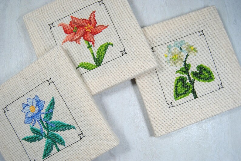 Puede incluir: Cuatro piezas cuadradas de punto de cruz con dise&ntilde;os florales. Una tiene una flor roja, otra una flor azul y una tercera con flores blancas y amarillas. Cada una est&aacute; enmarcada con un borde negro sobre un fondo beige.
