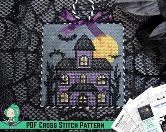 Halloween Cross Stitch Pattern - Spooky Mansion, Full Moon, Bats - Haunted House Design - Beginner Friendly DIY Ornament