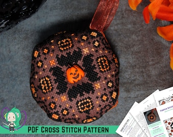 Biscornu Cross Stitch Pattern - Halloween Pumpkin & Bats - Design for Variegated Thread - DIY Pin Cushion / Ornament - Beginner Friendly