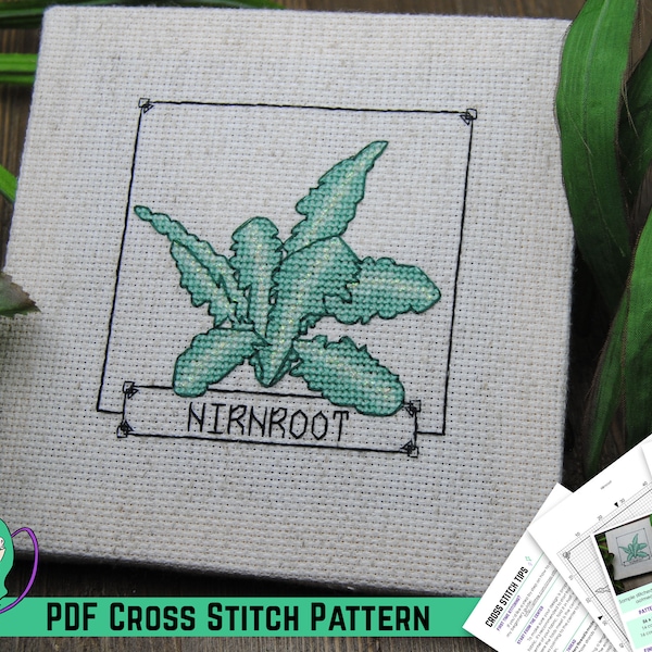 Skyrim Cross Stitch Pattern - Elder Scrolls Nirnroot Herb Design - Video Game Botanical Alchemy Study - DIY Geeky Floral Game Room Decor