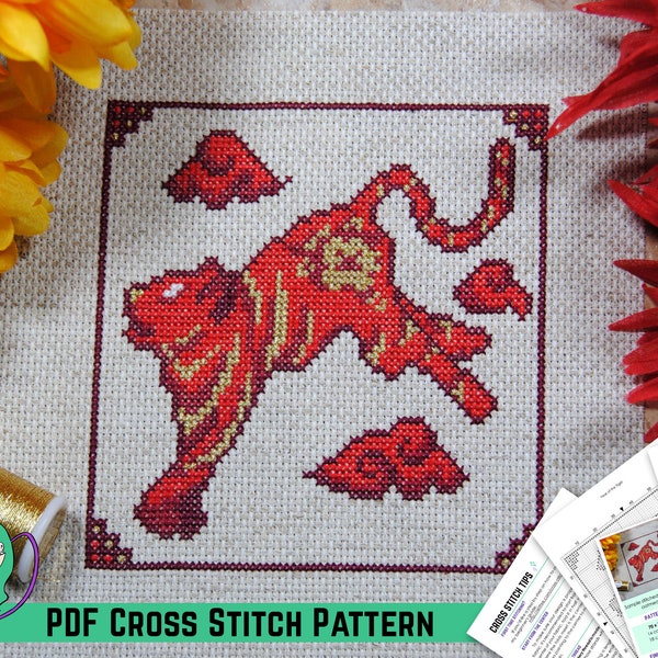 Year of the Tiger Cross Stitch Pattern - Chinese New Year Inspired Design - Lunar Zodiac Animals - Designed w/ DMC Diamant or Light Effects