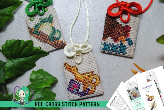 Stitchy Omamori Cross Stitch Patterns - Good Luck Charm Design - DIY Sewing Accessory - Thread Chicken, Frogging, Lost Tools