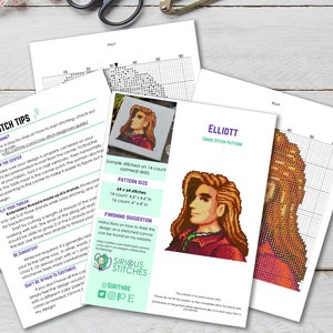 May include: Cross stitch pattern for a pixel art portrait of a person with long brown hair and a red shirt. The pattern is titled "ELLIOTT" and includes instructions for stitching on 14 count Aida cloth.