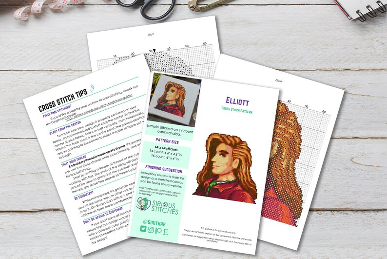 May include: Cross stitch pattern for a pixel art portrait of a person with long brown hair and a red shirt. The pattern is titled "ELLIOTT" and includes instructions for stitching on 14 count Aida cloth.