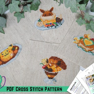 Pokémon Korsstygnsmönster - Cafe Mix Bundle - Eevee Pannkakor - Pikachu Curry - Vulpix Sundae - Yamper Pasta - Kawaii Matkonst - DIY