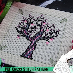 May include: A PDF cross stitch pattern for a black and pink tree with pink fruit. The pattern is titled "Plasma Fruit Tree" and includes instructions for cross stitching.
