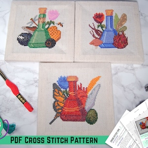 Skyrim Cross Stitch Pattern - Elder Scrolls Potion Bottle Bundle - Alchemy Table Ingredients - Botanical Study - DIY Nerdy Game Room Decor