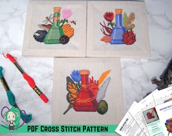 Skyrim Cross Stitch Pattern - Elder Scrolls Potion Bottle Bundle - Alchemy Table Ingredients - Botanical Study - DIY Nerdy Game Room Decor