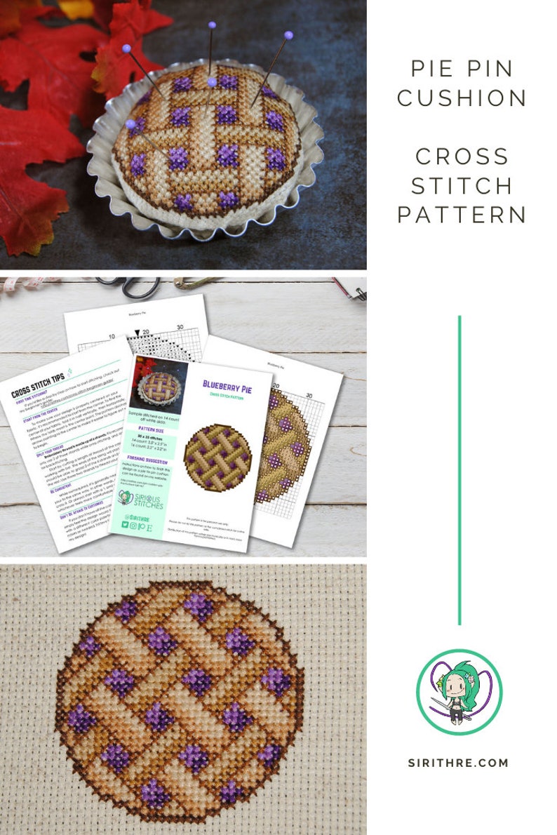 May include: Cross stitch pattern for a blueberry pie pin cushion. The pattern is printed on white paper with a grid and instructions. The finished pin cushion is shown in the top left corner of the image.