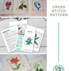 Puede incluir: Patr&oacute;n de punto de cruz con flores de Genshin Impact. La imagen muestra varios cuadrados de punto de cruz terminados con coloridos dise&ntilde;os florales, junto con las instrucciones del patr&oacute;n. El texto de la imagen dice "Genshin Impact Flowers Cross Stitch Pattern".