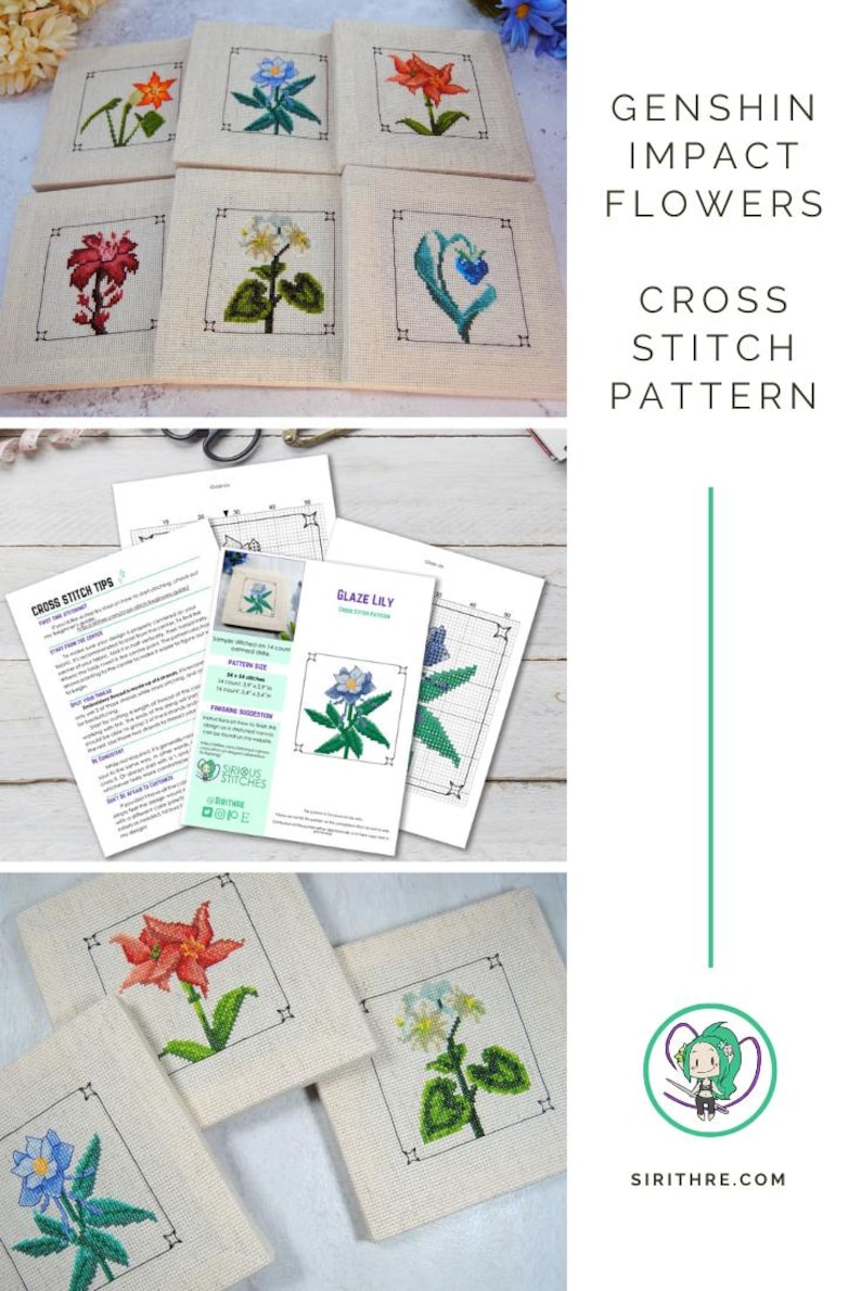 Puede incluir: Patr&oacute;n de punto de cruz con flores de Genshin Impact. La imagen muestra varios cuadrados de punto de cruz terminados con coloridos dise&ntilde;os florales, junto con las instrucciones del patr&oacute;n. El texto de la imagen dice "Genshin Impact Flowers Cross Stitch Pattern".
