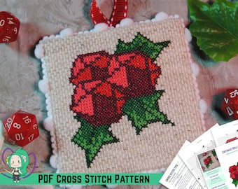 Dungeons and Dragons Christmas Cross Stitch Pattern - D20 Dice Holly Ornament - Merry Critmas - DIY Nerdy Xmas Decor - Beginner Friendly