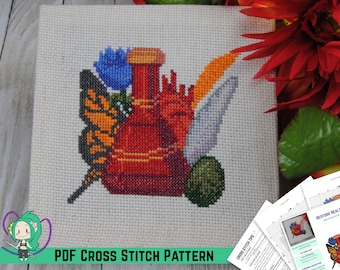 Skyrim Cross Stitch Pattern - Elder Scrolls Restore Health Potion Bottle Design - Alchemy Table Ingredients - DIY Nerdy Game Room Decor